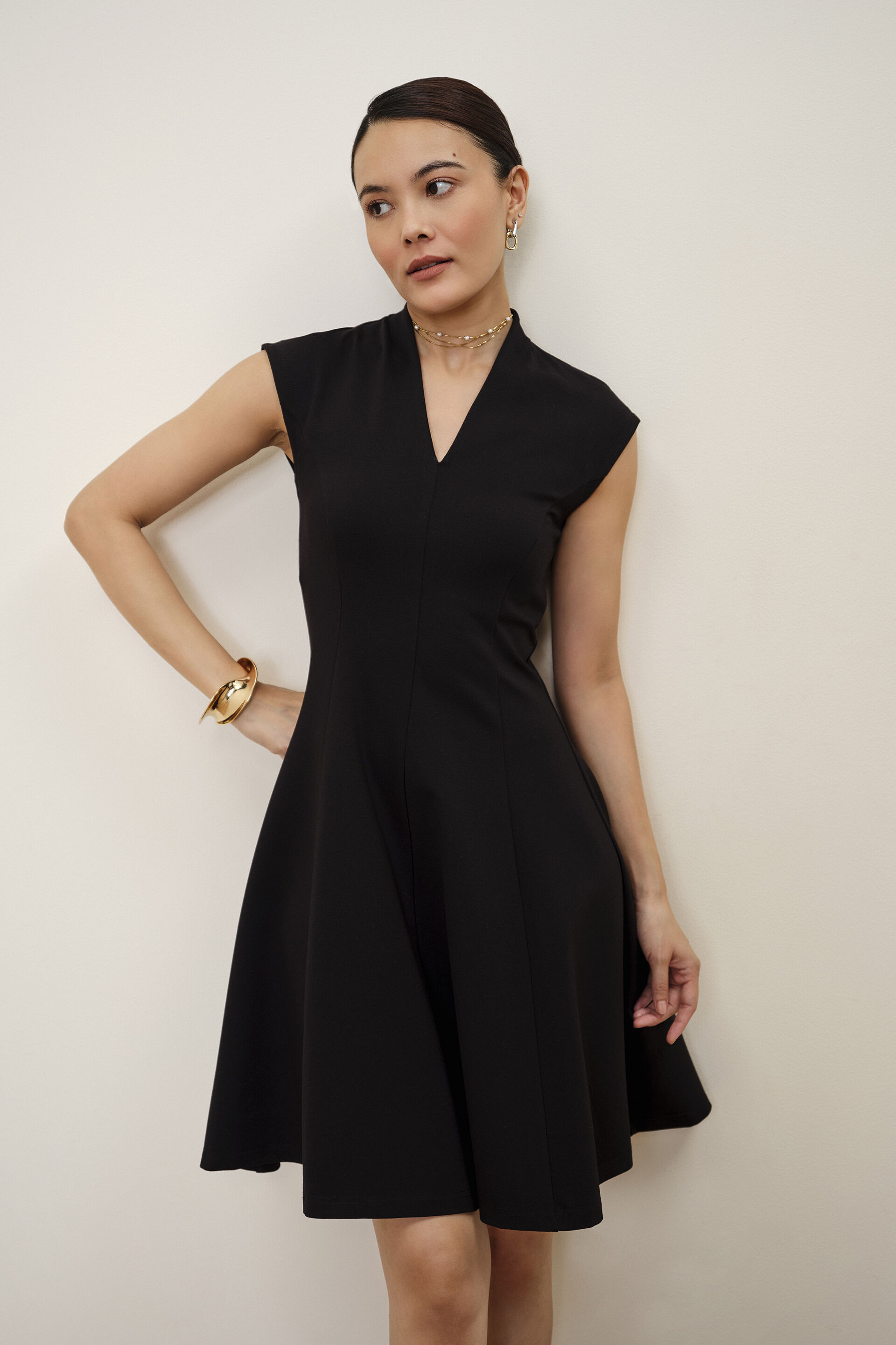 Rosette Black Panelled Dress, Black, image 1